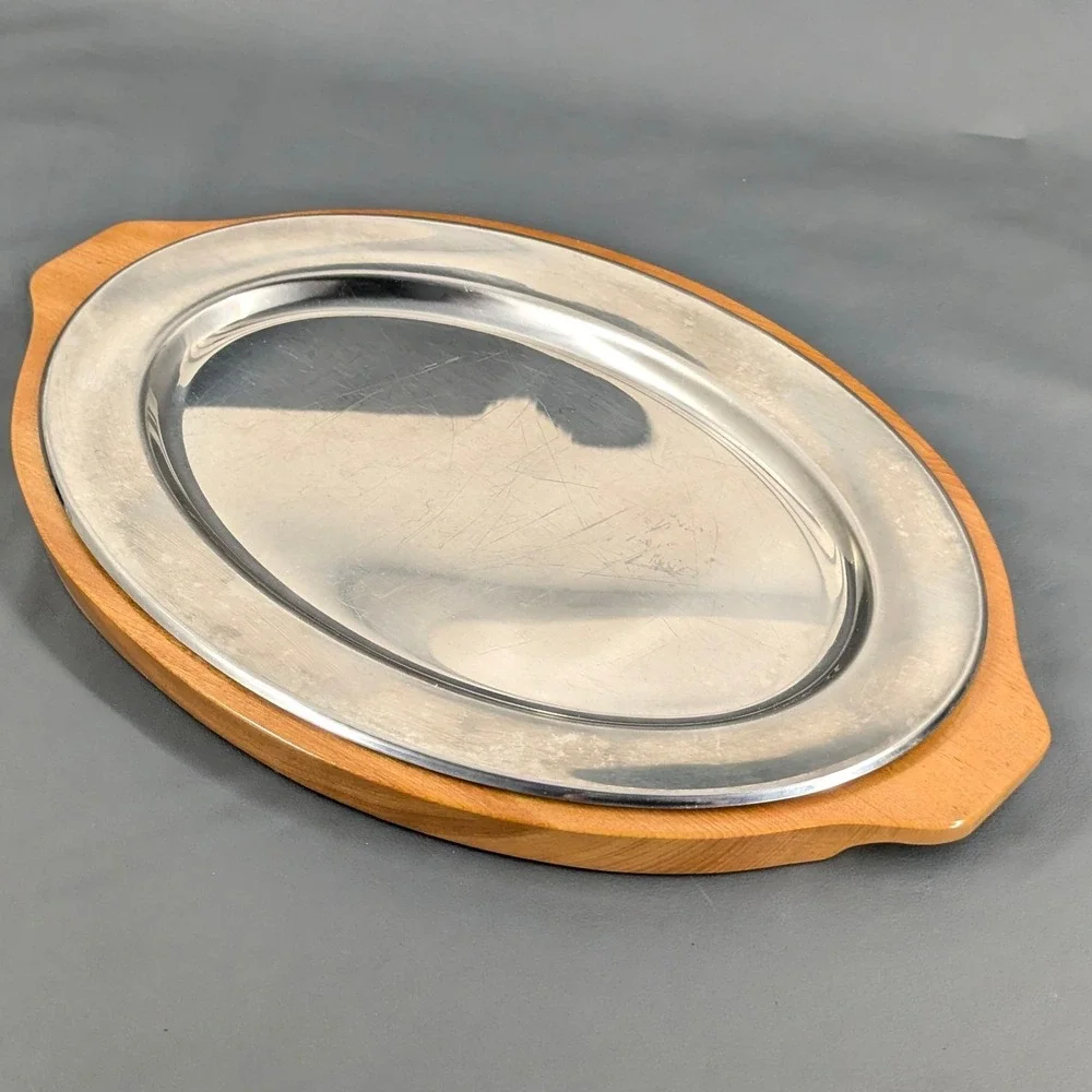 Vintage Stainless Steel and Wood Oval Serving Platter Tray Mid Century Style